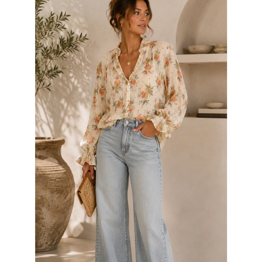 Dress Forum Cream Floral Blouse Womens Small Boho Cottage Core Romantic Shirt